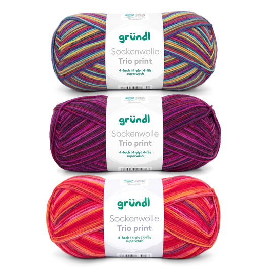 Zeķu dzija Gründl Wolle Sockenwolle Trio 3 šķeteres 100 g, sarkana violeta zaļa