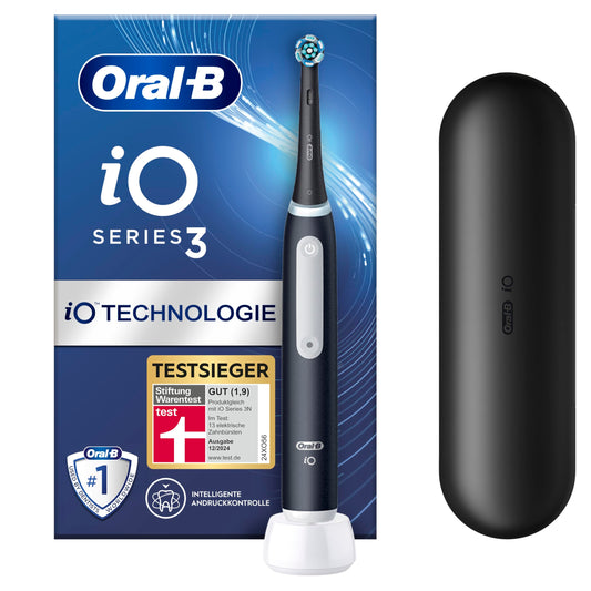 Oral-B iO Series 3 elektriskā zobu birste, elektriskā zobu birste, 3 tīrīšanas režīmi zobu kopšanai, magnētiskā tehnoloģija, ceļojumu etuijs, izstrādājusi Braun, TESTSIEGER Stiftung Warentest (12, 2024), matēts melns