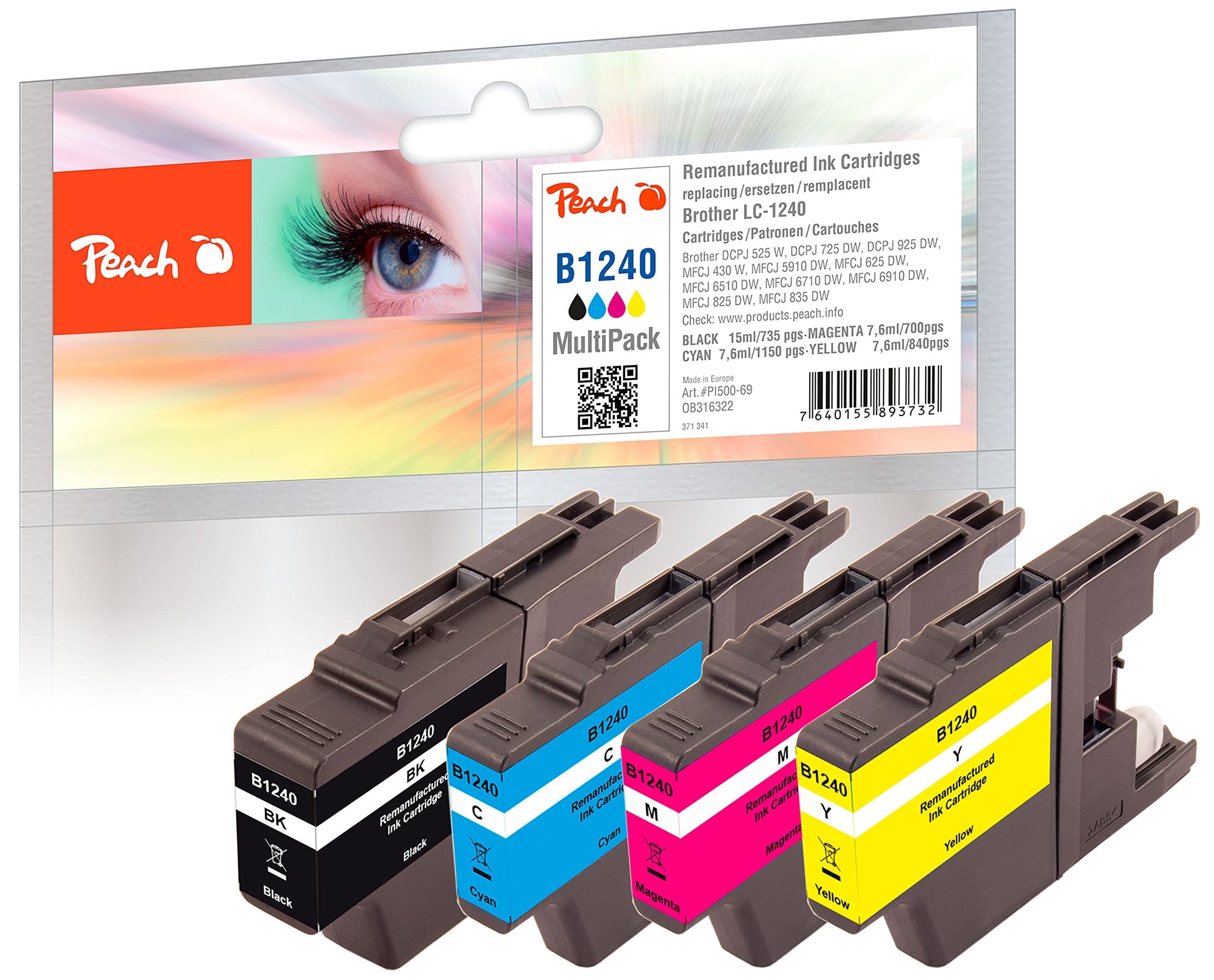 Peach Spar Pack XL printera kasetnes (BK, C, M, Y) aizstāj Brother LC-1240VALBP, saderīgas ar Brother MFCJ un DCPJ sērijām.