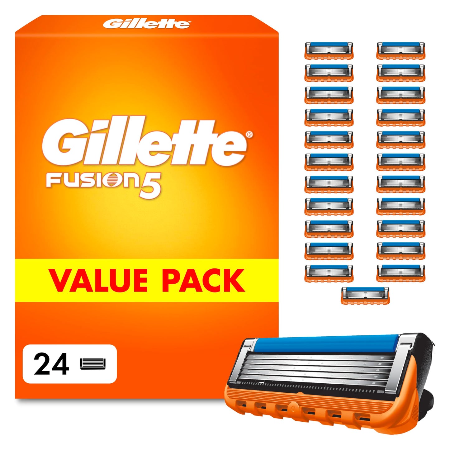 Skūšanās asmeņi vīriešiem Gillette Fusion 5, 24 oriģinālie skuvekļa asmeņi, oranži