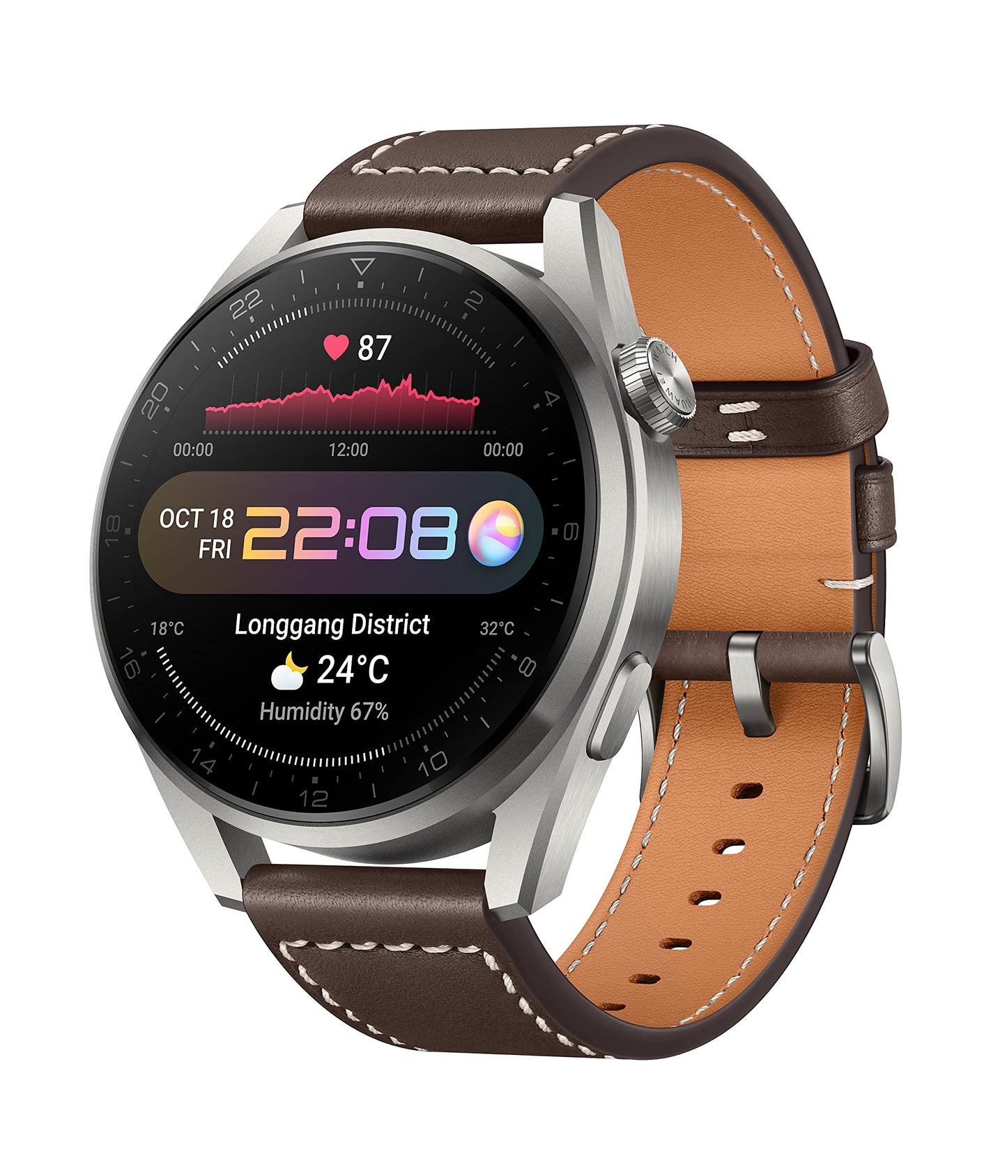 Huawei Watch 3 Pro - Classic brown leather strap, fitness tracker with health monitoring features.