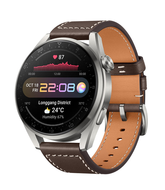Huawei Watch 3 Pro - Classic brown leather strap, fitness tracker with health monitoring features.