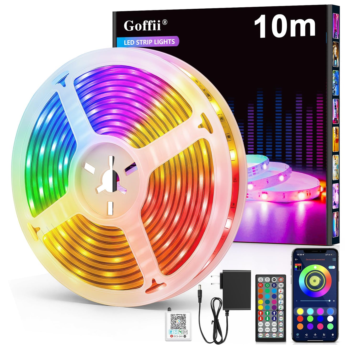 LED lente 10 m, Bluetooth RGB, pašlīmējoša ar tālvadības pulti un lietotni, mūzikas sinhronizācija, taimera iestatījums, dimmējama