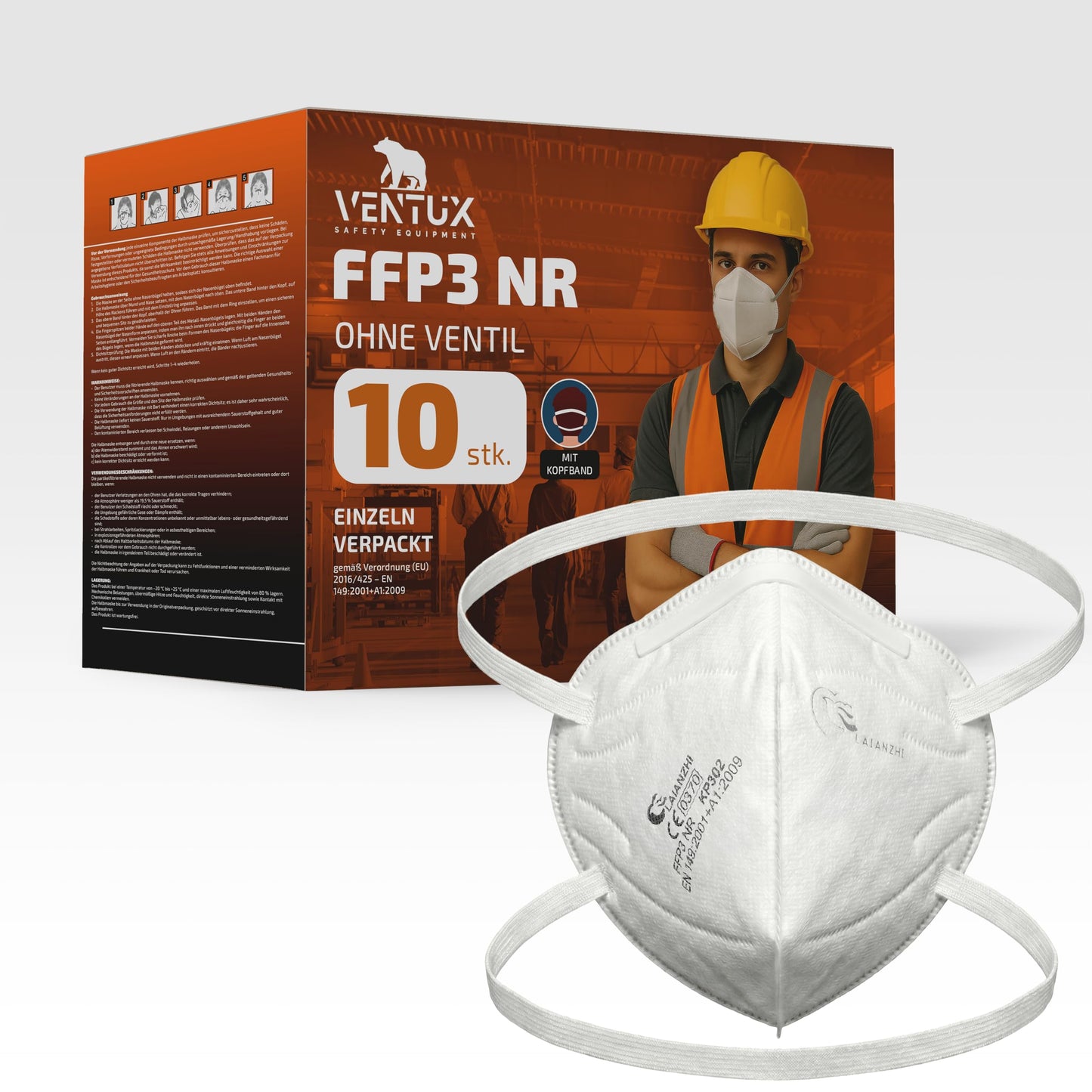 FFP3 respirators 10 gab. bez vārsta ar galvas lentu EN 149 vienreizlietojamas