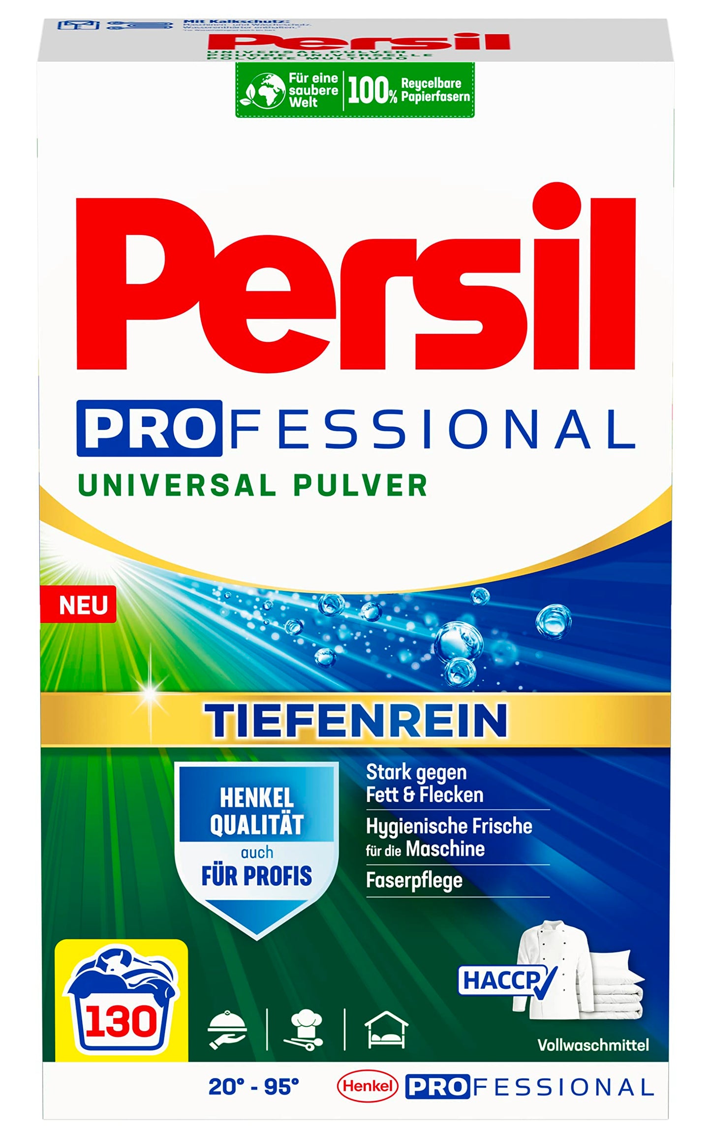 Persil Universal pulveris dziļās tīrīšanas veļas mazgāšanas līdzeklis, 130 mazgāšanas reizes, universāls pulveris tīrai veļai un higiēniskam svaigumam veļas mašīnai, efektīvs no 20 °C līdz 95 °C
