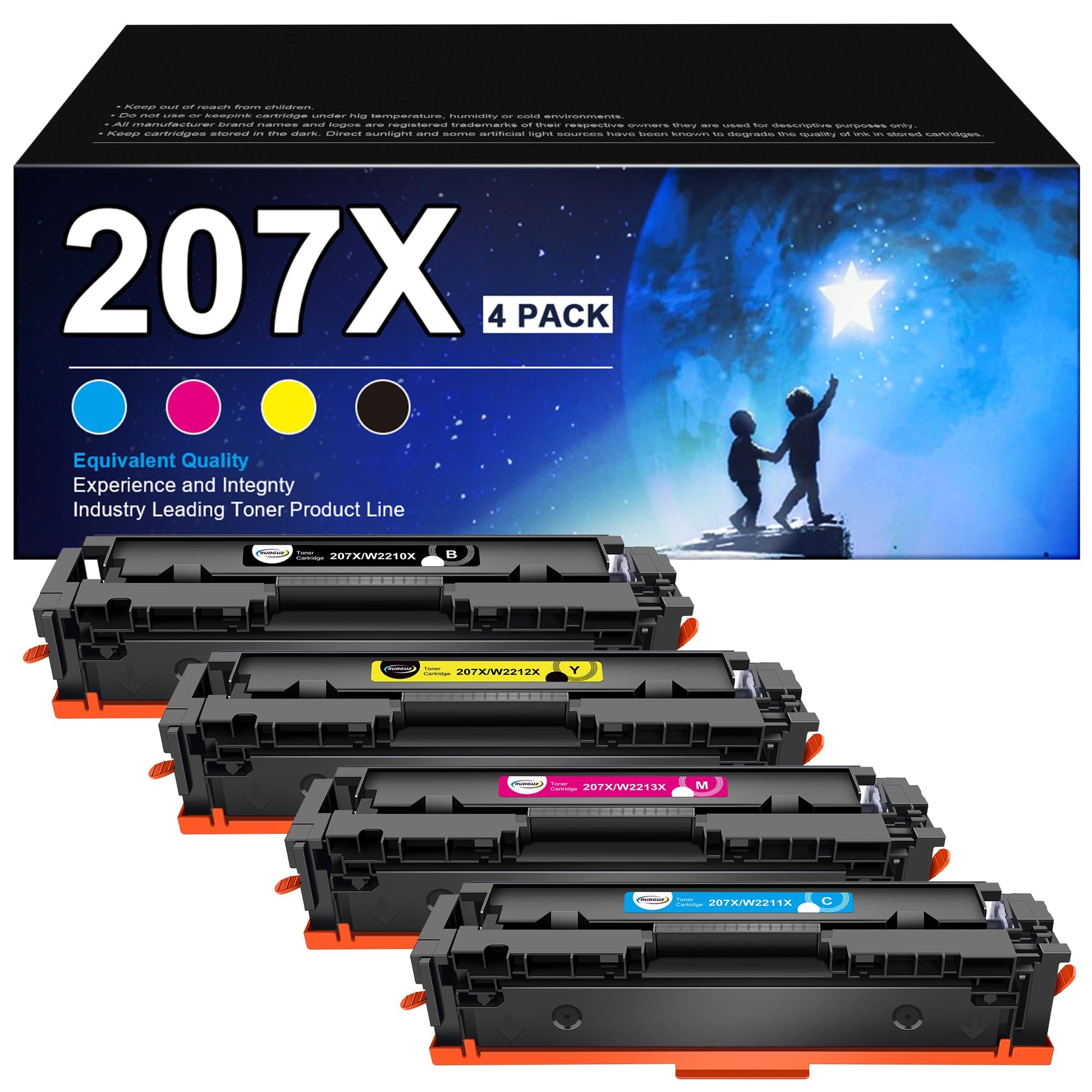 RUDGUZ 207X toner - Compatible with HP Color Laserjet Pro, includes black, cyan, yellow, magenta, 4-pack.