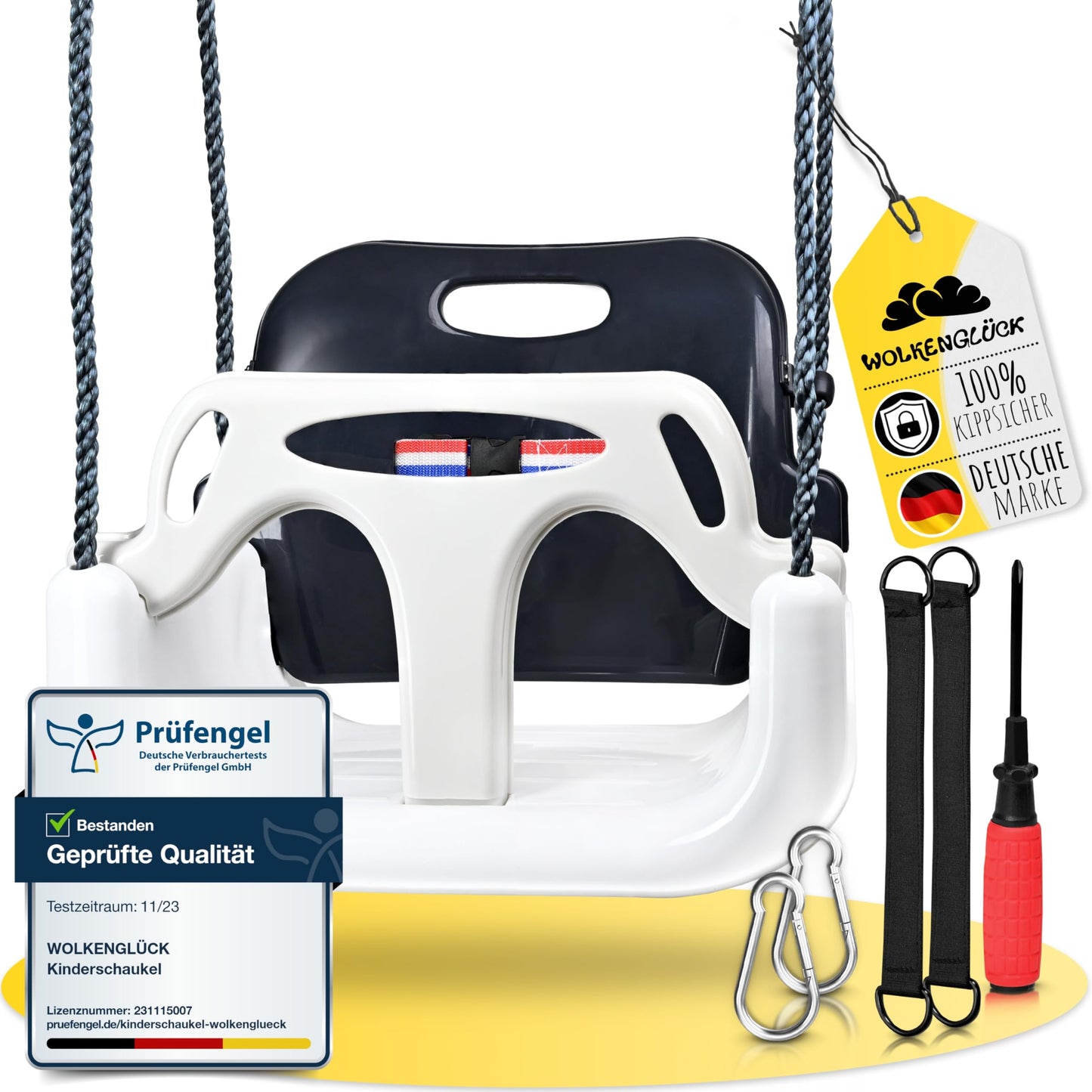 WOLKENGLÜCK® bērnu šūpoles 3 in 1 [no 6 mēnešiem līdz 6+ gadiem] - augošas bērnu šūpoles lietošanai ārā un iekštelpās - kvalitatīvas šūpoles ar atzveltni un drošības jostu (pelēka)