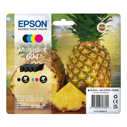 Epson 604 tinte ananāsu multipaka - 4-krāsu standarts, saderīga ar XP-2200, XP-3200, WF2910DWF, ReadyPrint Flex-tarifi