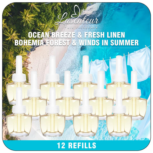 Gaisa atsvaidzinātāja uzpildes flakoni LASENTEUR 12 x 19ml, saderīgi ar Air Wick un Glade, jūras vēsmas, svaiga lina, meža un vasaras vēja aromāti