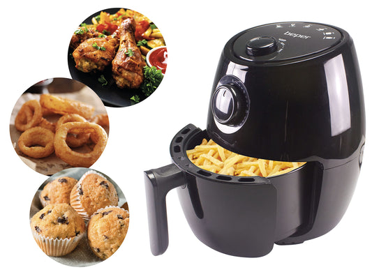 BEPER P101FRI001 karstā gaisa fritieris - bez eļļas, regulējams taimeris, 2L ietilpība, 1000W, melns.