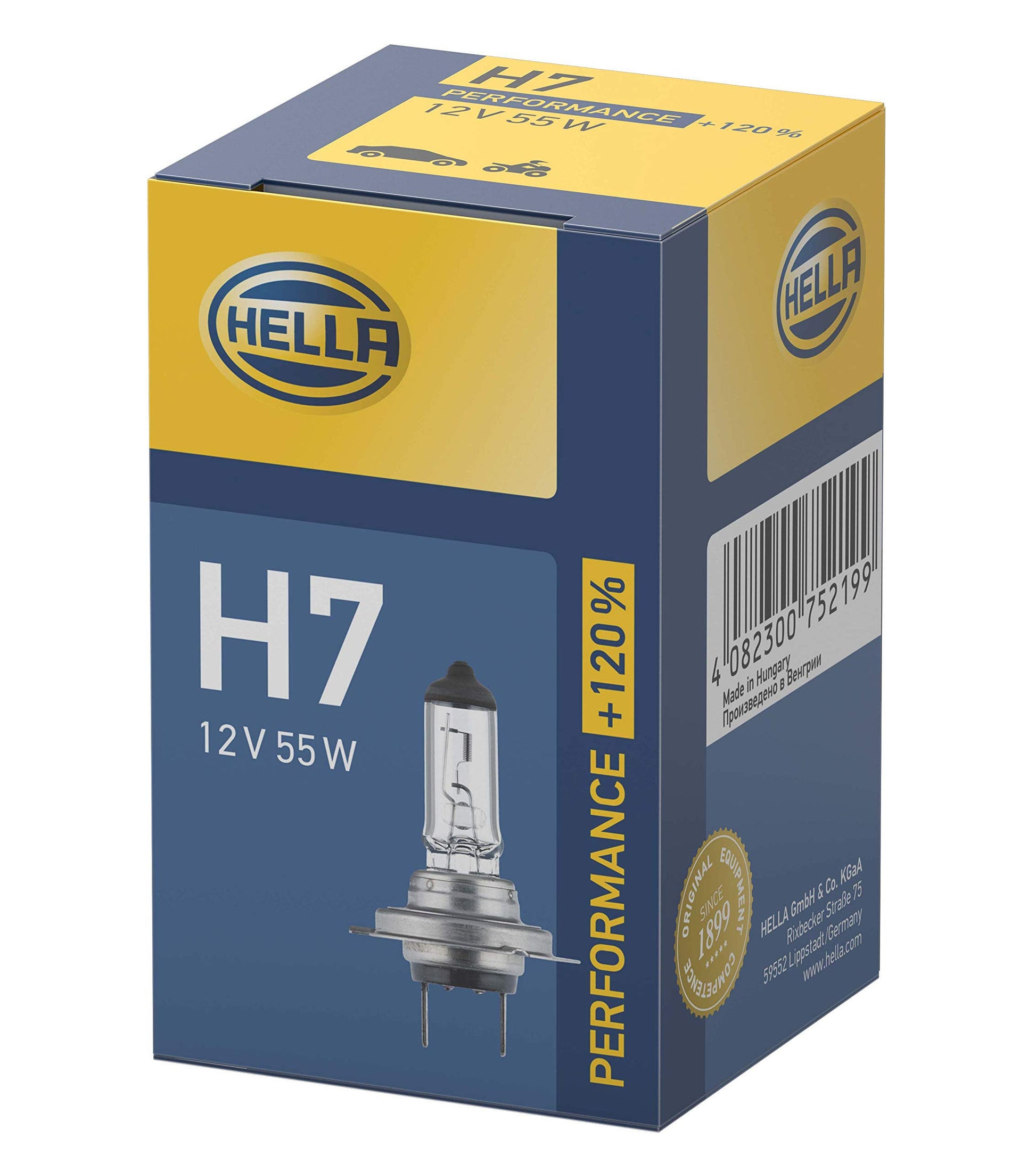 HELLA 8GH 223 498-031 Spuldze - H7 - Veiktspēja līdz 120% - 12V - 55W - Pamatnes izpildījums: PX26d - Kaste - Daudzums: 1