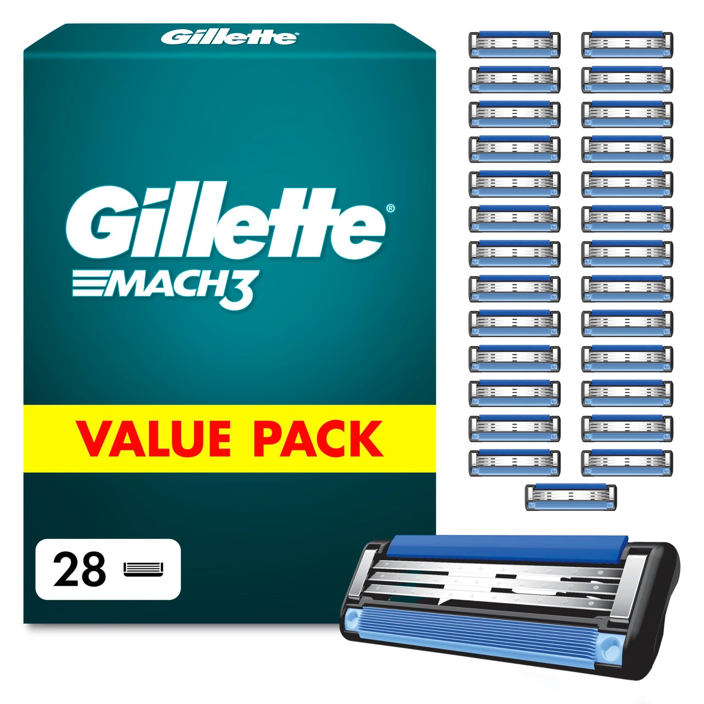 Gillette Mach3 skūšanās asmeņi vīriešiem, 28 oriģinālās skuvekļa kasetnes, Blue