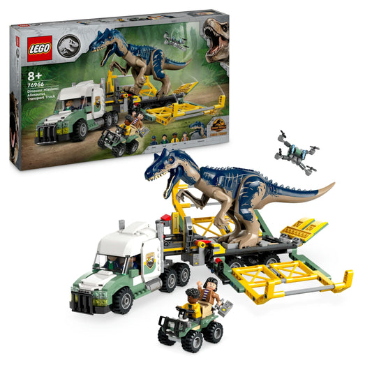 LEGO Jurassic World Allosaurus Transporter - Dinozauru spēļu komplekts ar minifigūrām Kenji, Darius un Yaz, 76966.