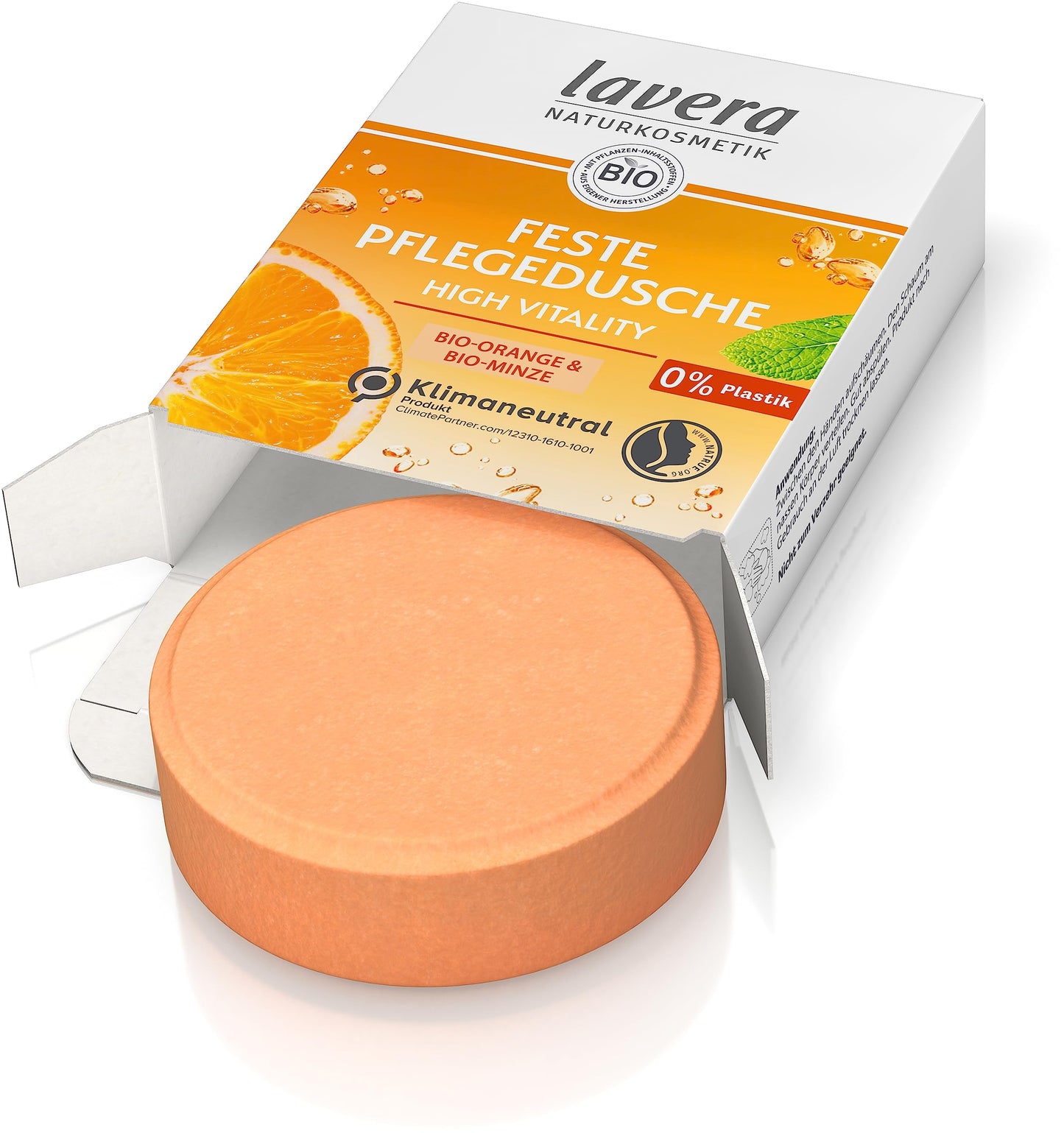 Lavera cietā kopjošā dušas želeja High Vitality ar bioapelsīnu un bio piparmētru, maigi attīra ādu, 50 g