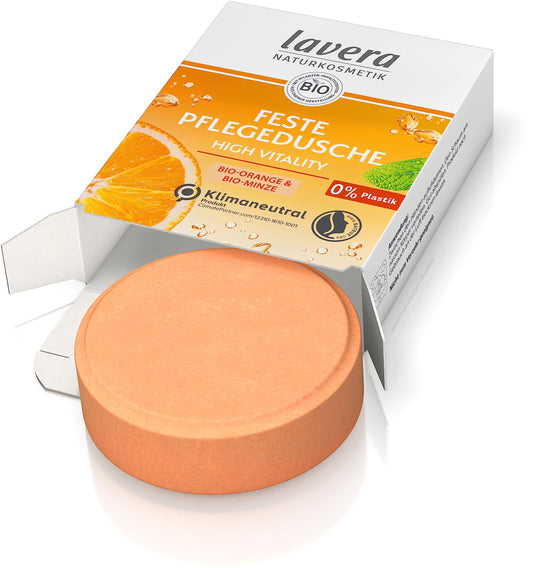 Lavera cietā kopjošā dušas želeja High Vitality ar bioapelsīnu un bio piparmētru, maigi attīra ādu, 50 g