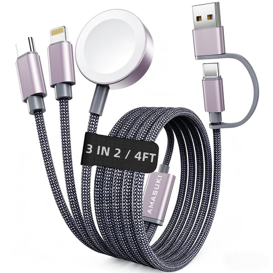 3 vienā uzlādes kabelis Apple Watch, Wcakby daudzfunkcionāls lādētājs USB C, 1.25M, saderīgs ar iWatch Ultra/SE/11/10/9/8/7/6/5/4/3/2/1, iPhone 17-11 un Galaxy S23