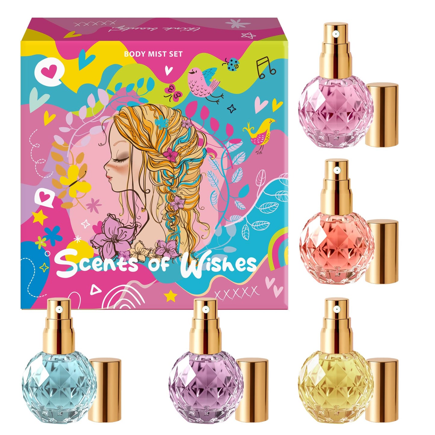 Körpermist komplekts meitenēm Scents of Wishes, 5 dimanta formas stikla flakoni ar zelta apdari, 5 aromāti