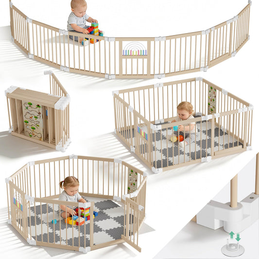 Bērnu sētiņa JOIEYOU no koka ar 2 spēļu centriem, vārtiņiem, 8 elementiem 66.5 x 61cm, bērnu playpen viesistabai, ar matraci