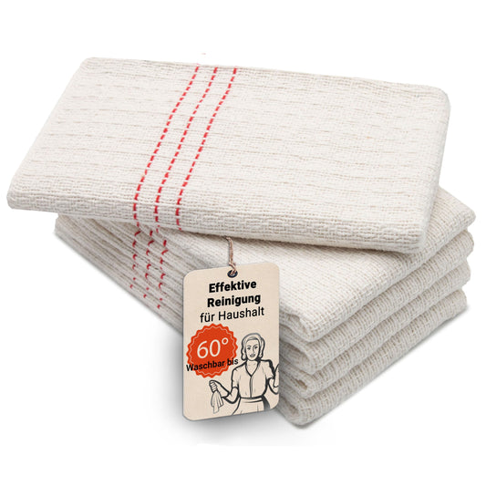 Grīdas un tīrīšanas lupatiņas ZOLLNER, 5 gab., kvalitatīvas un ļoti uzsūcošas, jauktaudums, mazgājamas līdz 60°C, 55x60cm, dabīgā krāsā ar sarkanām svītrām