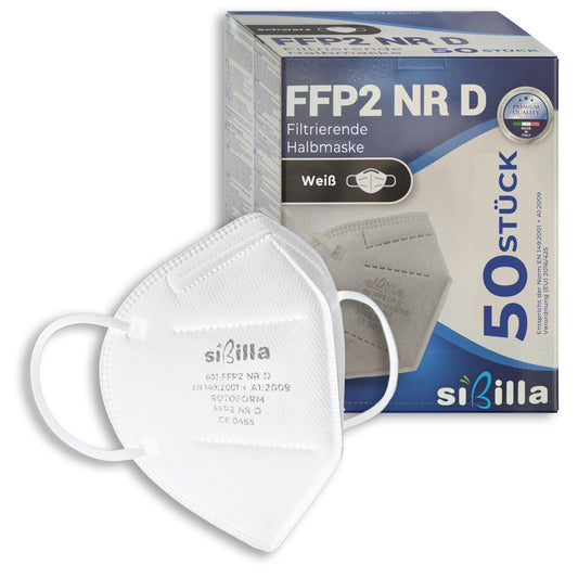 SIBILLA FFP2 maskas 50 gab. – balts, salokāms, ražots Itālijā, CE 0465, vienreizlietojamas