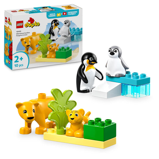 LEGO DUPLO Wild Animal Families Set - Penguins and Lions, imaginative play for preschoolers aged 2+, includes animal figures 10442.
