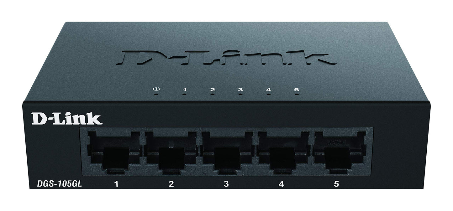 5 portu Gigabit tīkla slēdzis D-Link DGS-105GL, nepārvaldāms, bez ventilatora, metāla korpuss, QoS, 802.3az EEE, melns