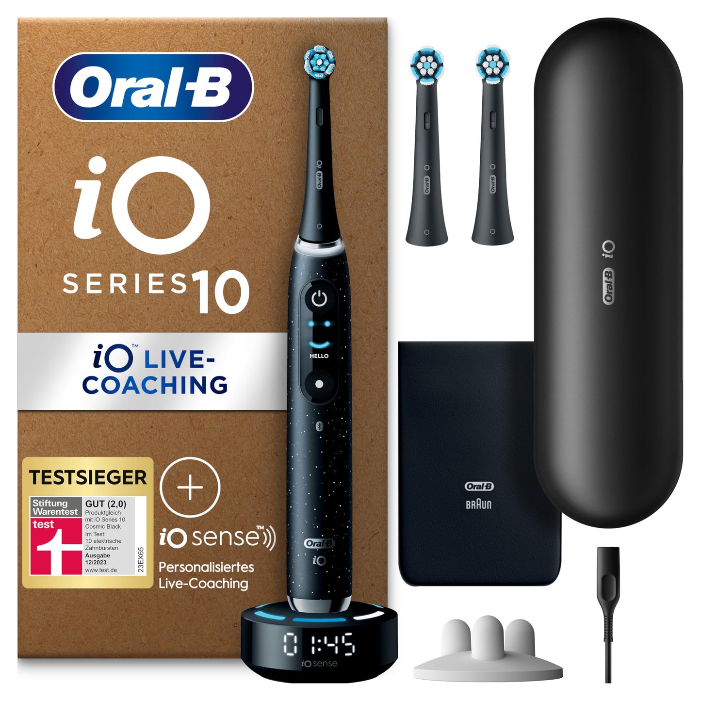Oral-B iO Series 10 Plus Edition elektriskā zobu birste, PLUS 3 uzlikamās sukas (ieskaitot 2x maiga tīrīšana), 7 režīmi zobu kopšanai, uzlādējams ceļojumu etuijs, izstrādājusi Braun, kosmiski melns