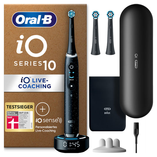 Oral-B iO Series 10 Plus Edition elektriskā zobu birste, PLUS 3 uzlikamās sukas (ieskaitot 2x maiga tīrīšana), 7 režīmi zobu kopšanai, uzlādējams ceļojumu etuijs, izstrādājusi Braun, kosmiski melns