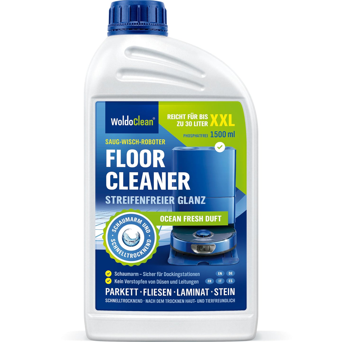 Tīrīšanas līdzeklis robotam-putekļsūcējam WoldoClean 1.5 l ar svaigu aromātu visām grīdām