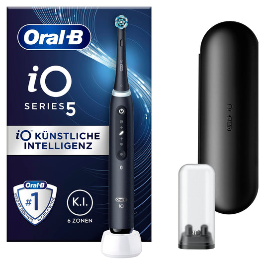 Oral-B iO Series 5 elektriskā zobu birste, elektriskā zobu birste, magnētiskā tehnoloģija, 5 tīrīšanas režīmi zobu kopšanai, LED displejs un ceļojumu etuijs, izstrādājusi Braun, matēts melns