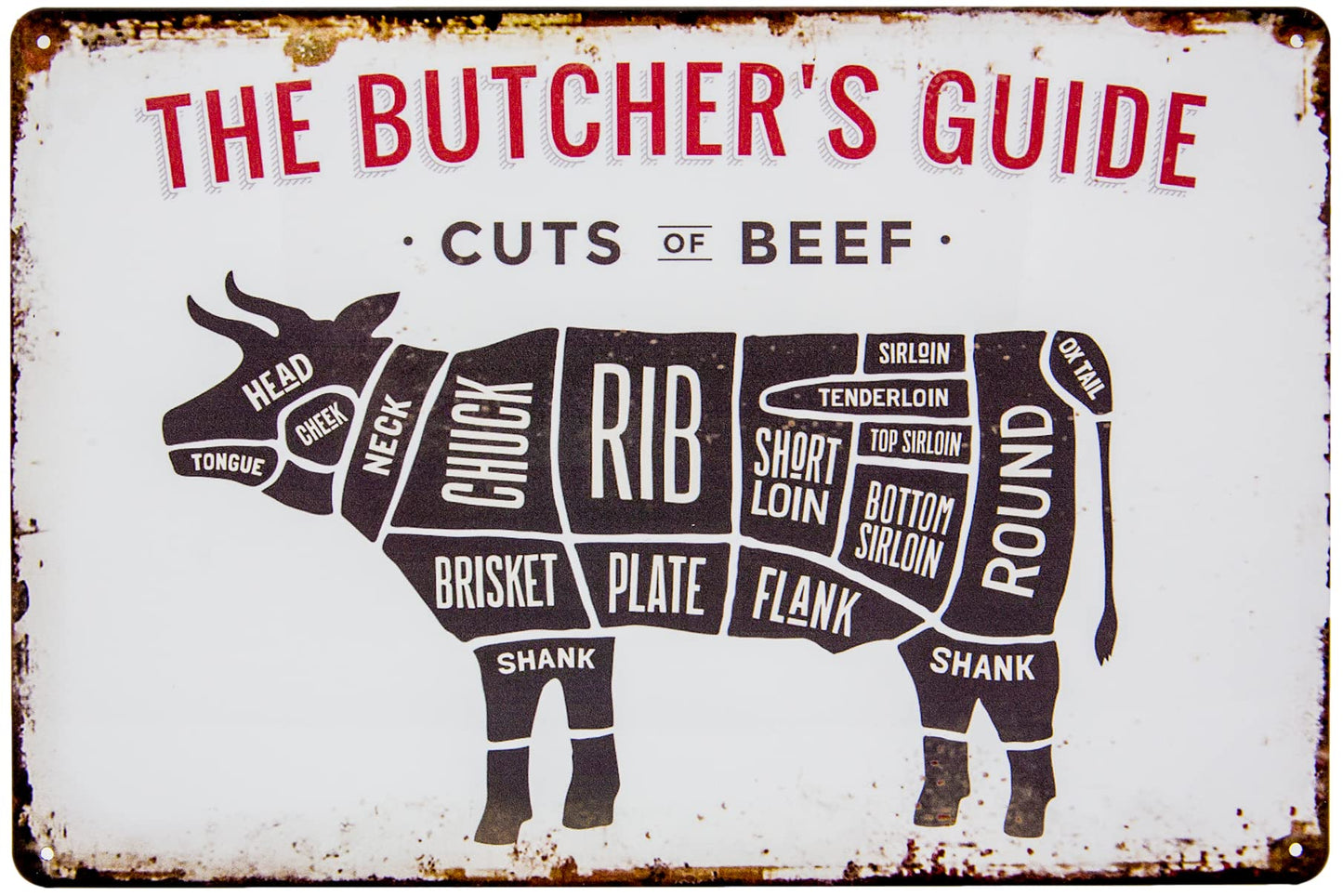 Retro skārda zīme grila un gatavošanas cienītājiem 30 x 20 cm - "The Butchers Guide - Cuts of Beef" - miesnieka BBQ pārskats