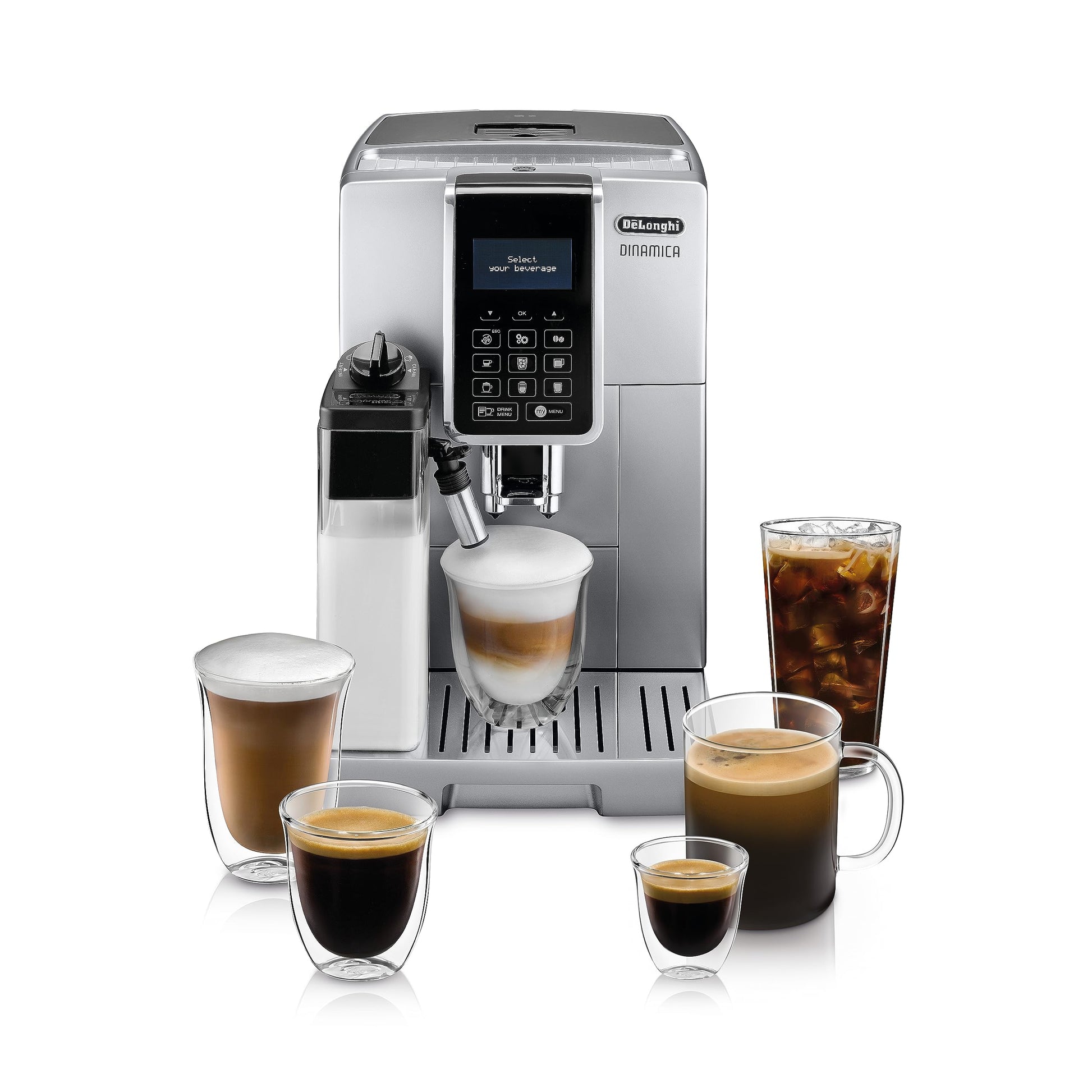 De'Longhi Dinamica ECAM 350.75.S - automātiska kafijas automāts ar LatteCrema, digitālo displeju, 1,8L ūdens tvertni, sudrabs.