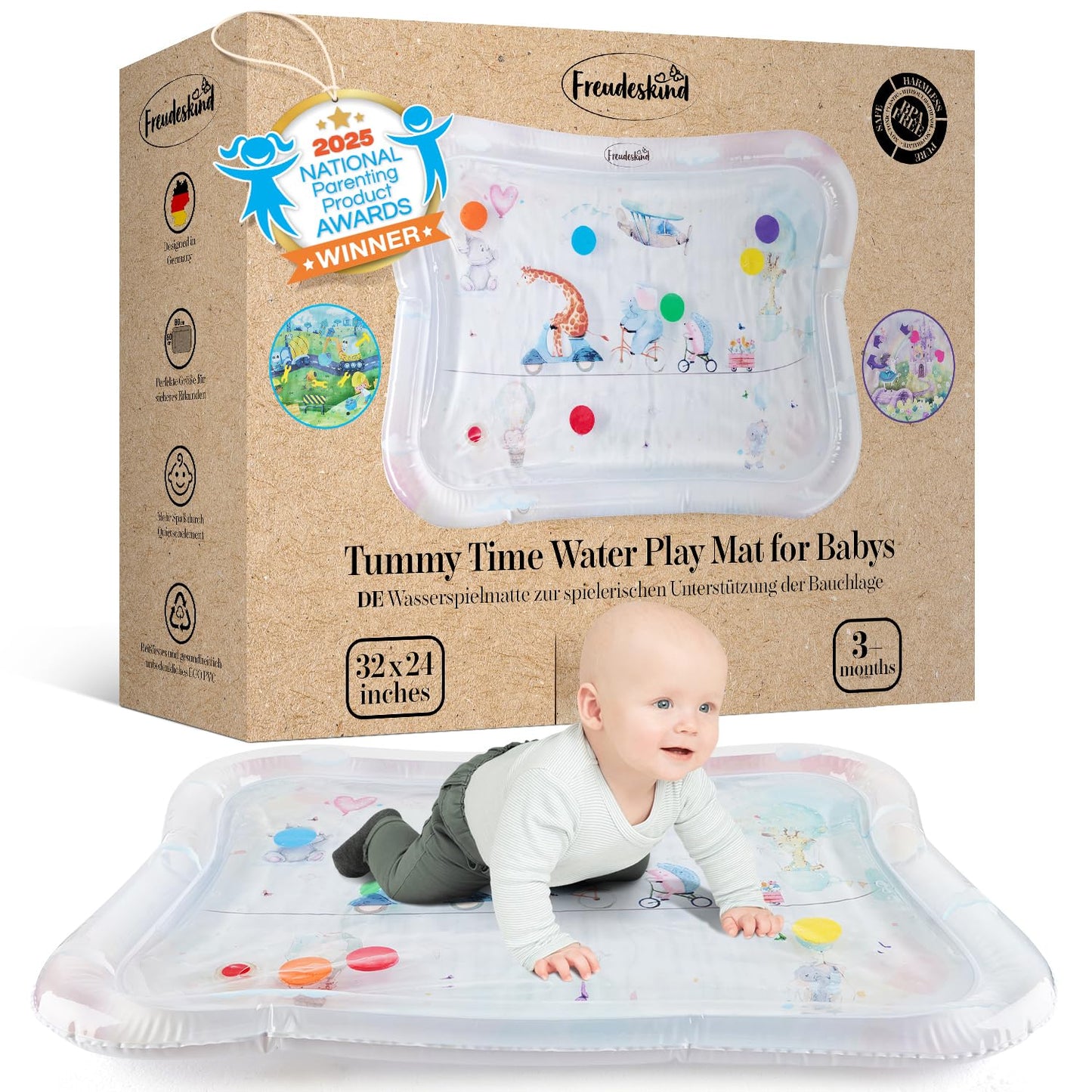 Ūdens paklājiņš vēdera pozīcijai TummyTime XXL by Freudeskind, bērnu ūdens rotaļu paklājs, 100% bez ftalātiem un BPA, no 0, 3, 6 vai 9 līdz 24 mēnešiem
