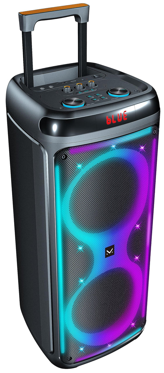 Majestic Flame T88 – ballīšu Bluetooth skaļrunis ar ratiņiem, LED gaismām, USB/Micro SD/AUX/MIC, tālvadības pulti un mikrofonu, TWS, uzlādējamu akumulatoru, rokturi un riteņiem transportēšanai.