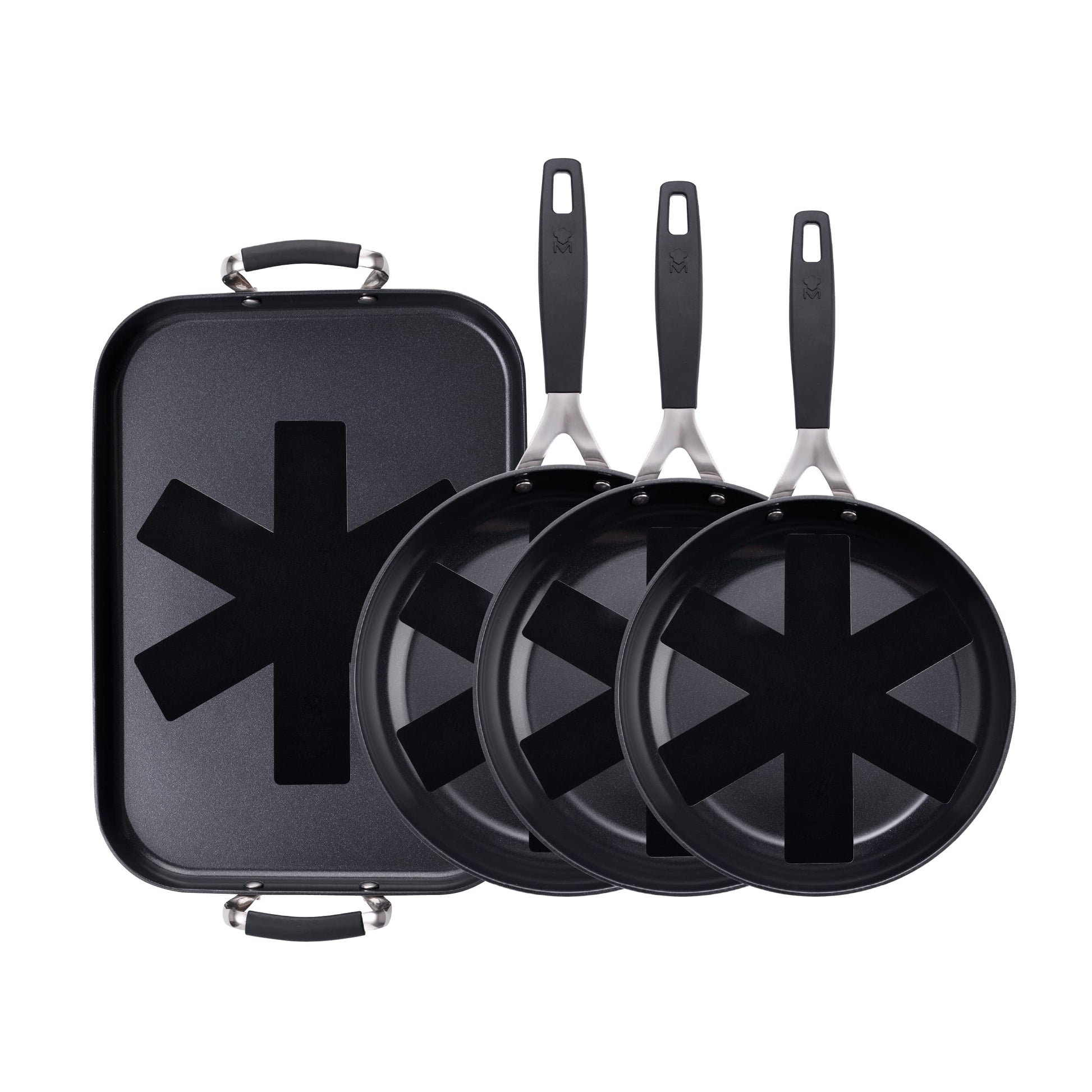 MasterPro Smart Pannu komplekts - 3 pretpiedeguma pannas 20, 24, 28 cm un grils 32 x 23 cm, kalts alumīnijs, ergonomisks rokturis.