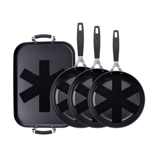 MasterPro Smart Pannu komplekts - 3 pretpiedeguma pannas 20, 24, 28 cm un grils 32 x 23 cm, kalts alumīnijs, ergonomisks rokturis.