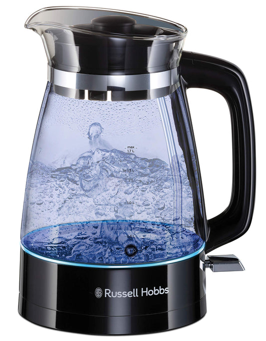 Russell Hobbs tējkanna - 1.7L, 2400W, stikla snīpis, LED apgaismojums, ātrvārīšanas funkcija, noņemams vāks, kaļķu filtrs