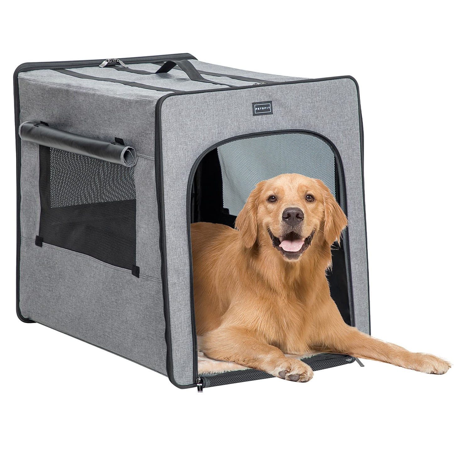 Petsfit suņu transportēšanas kaste, ar 3 cm biezu plīša paklājiņu, pārnēsājama suņu transporta kaste lieliem suņiem, piemērota lietošanai iekštelpās un ārā, gaiši pelēka, L 79x53.5x66cm