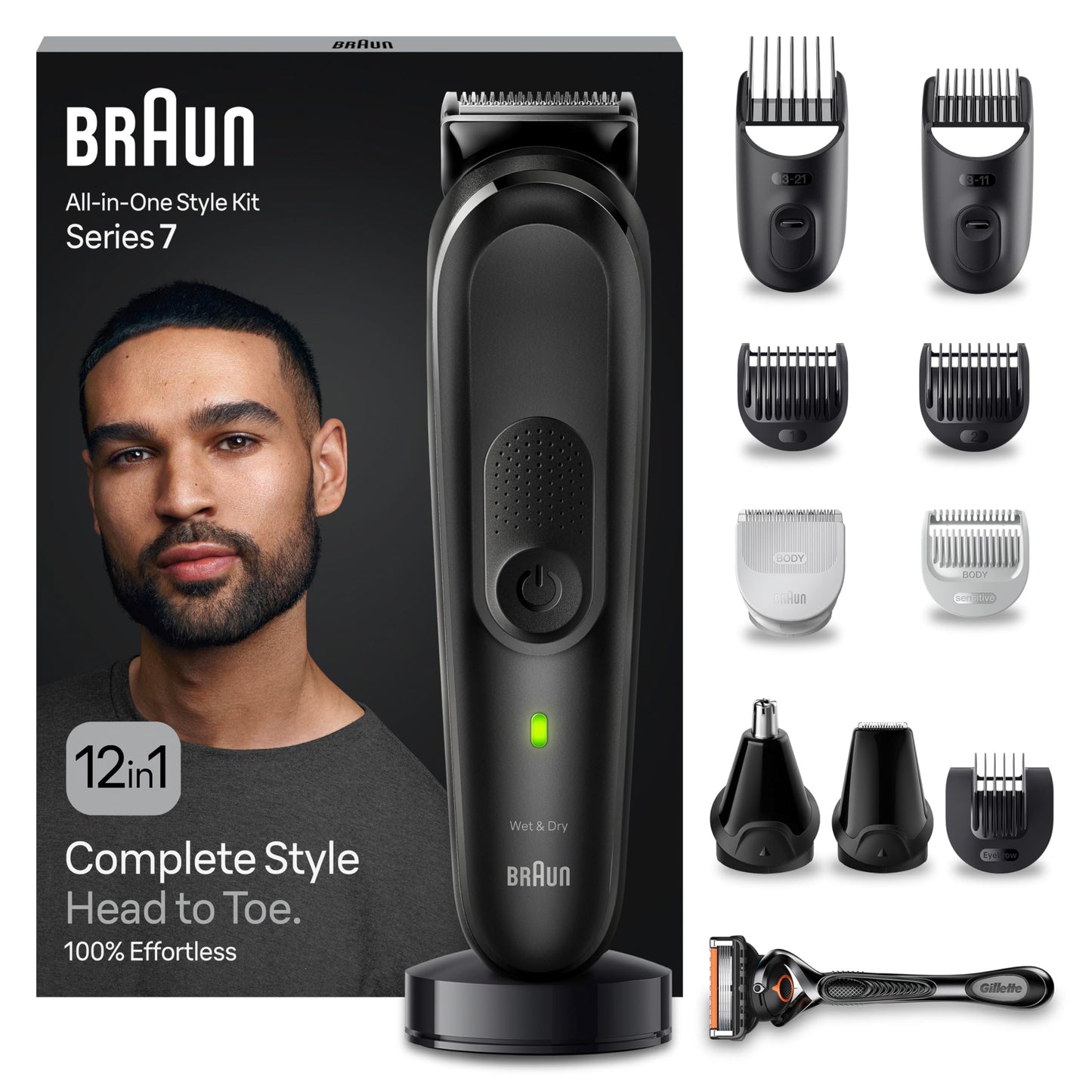 Matu trimmeris Braun All-In-One Set 7, 12-in-1 multigroom, bārdas trimmeris, deguna matu trimmeris, matu griezējs sejai, galvai un ķermenim, 100 Min. akumulators, 14 garumi (3–21 mm), ūdensizturīgs, MGK7460, Schwarz