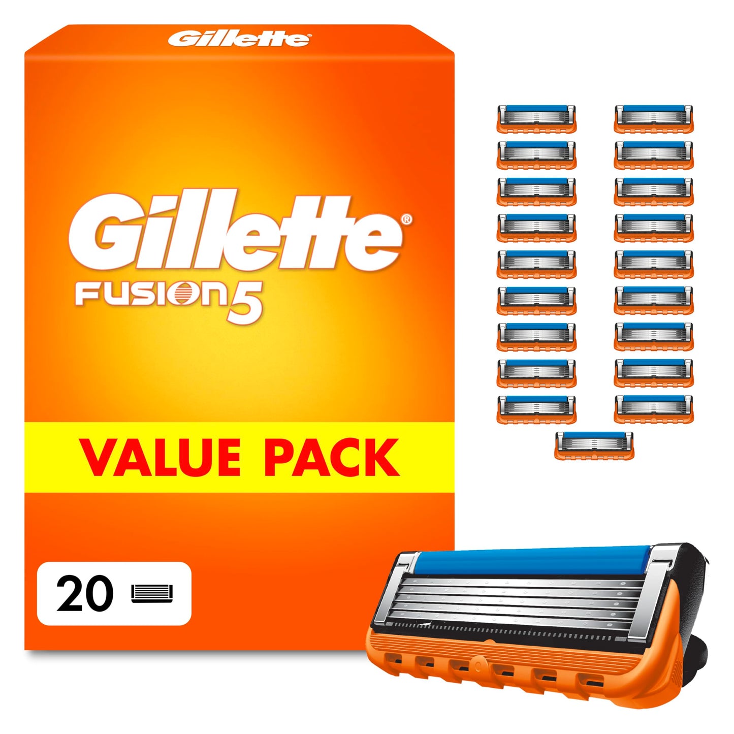 Gillette Fusion5 skūšanās asmeņi vīriešiem, 20 oriģinālās skuvekļa kasetnes, Orange
