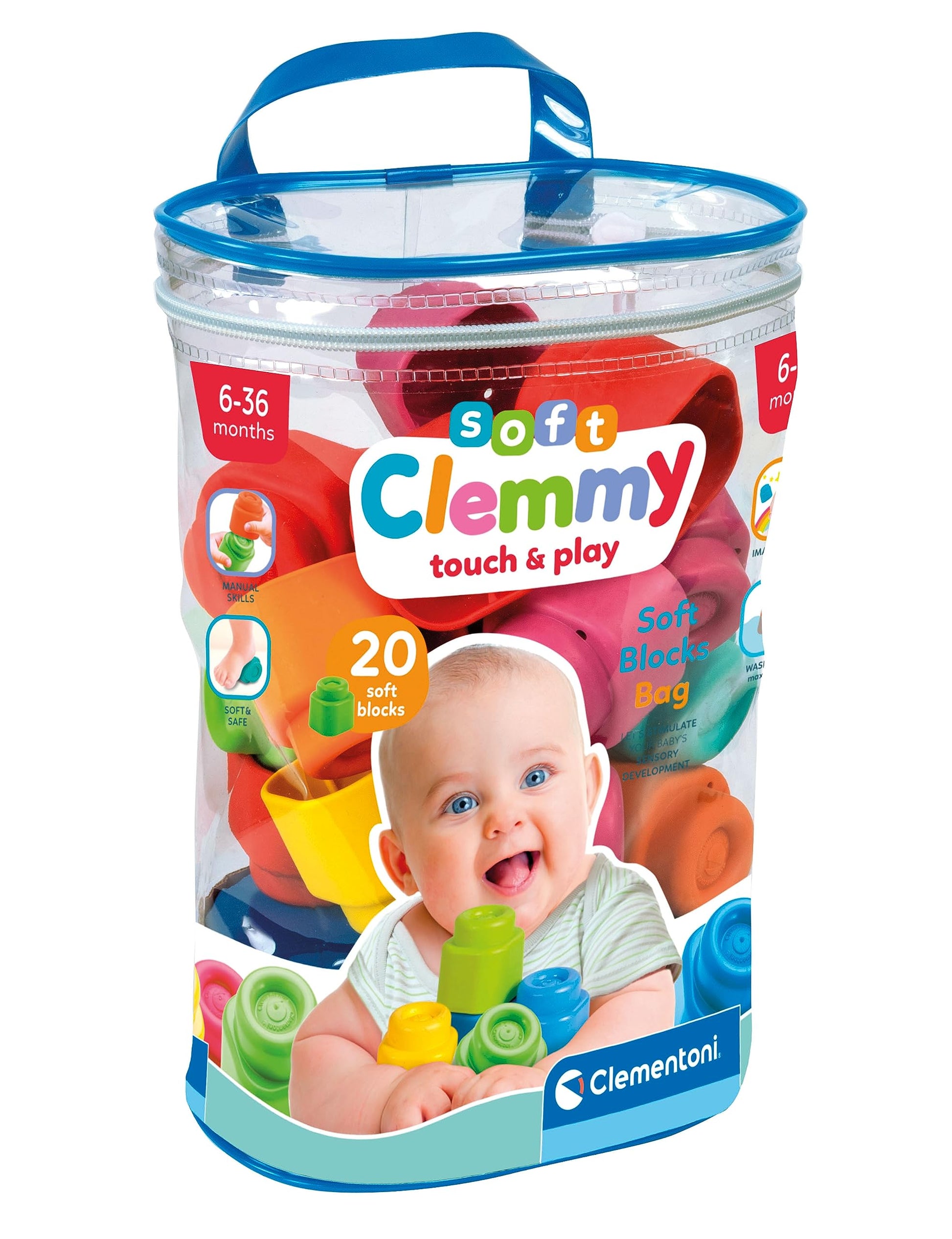 Clementoni Soft Clemmy celtniecības klucīši - 20 mīksti klucīši zīdaiņiem, sensorās rotaļlietas no 6 mēnešiem.