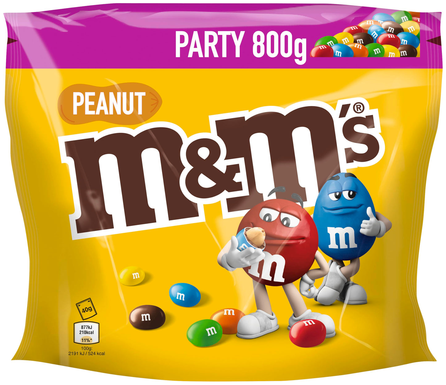 M&M'S zemesriekstu šokolādes dražejas, piena šokolāde, ballītes maisījums, lielais iepakojums, 800 g