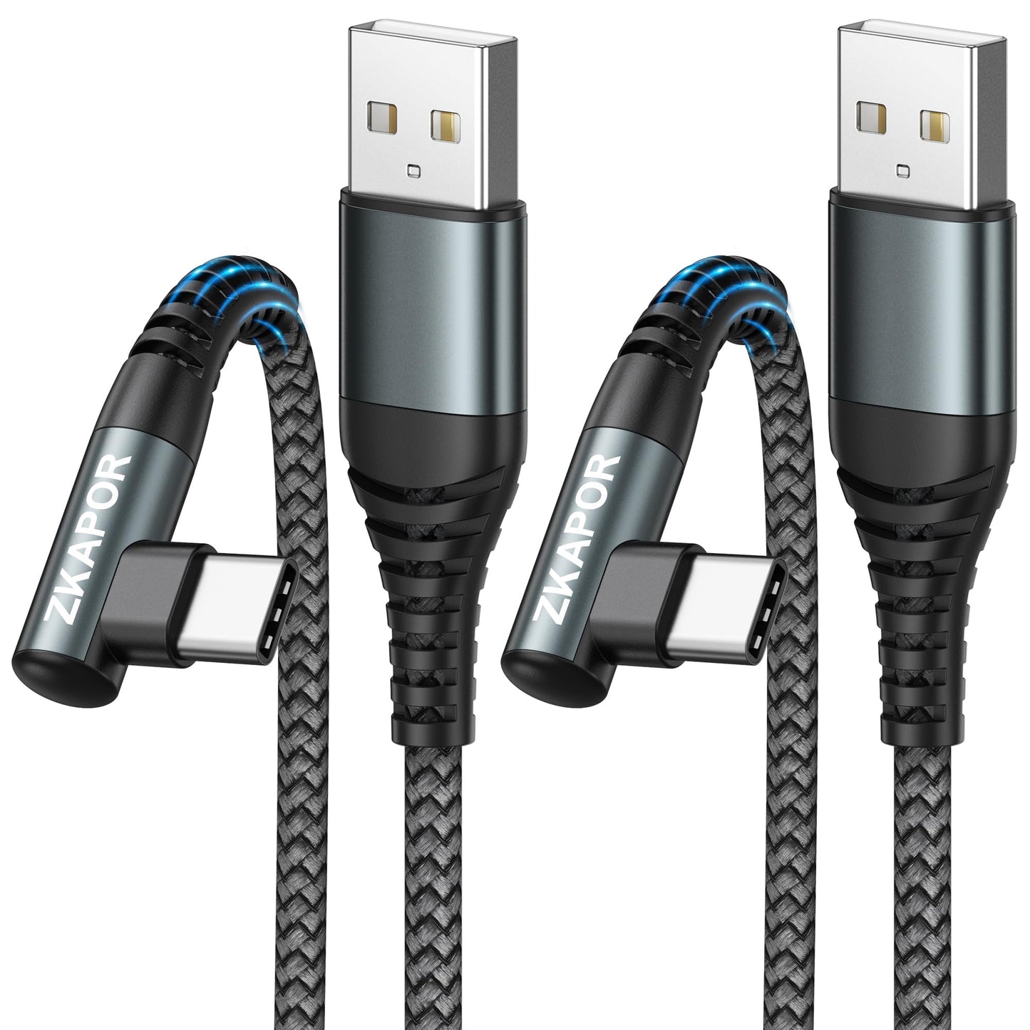 USB-C kabelis ar 90° leņķa savienotāju ZKAPOR, 2 gab. pa 2 m, 3,1 A ātrā uzlāde