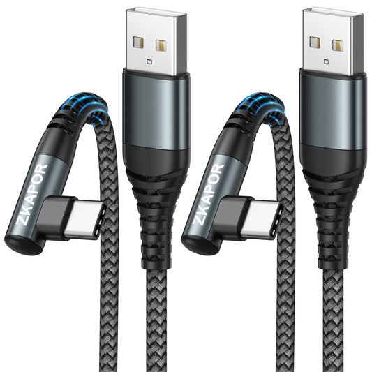 USB-C kabelis ar 90° leņķa savienotāju ZKAPOR, 2 gab. pa 2 m, 3,1 A ātrā uzlāde