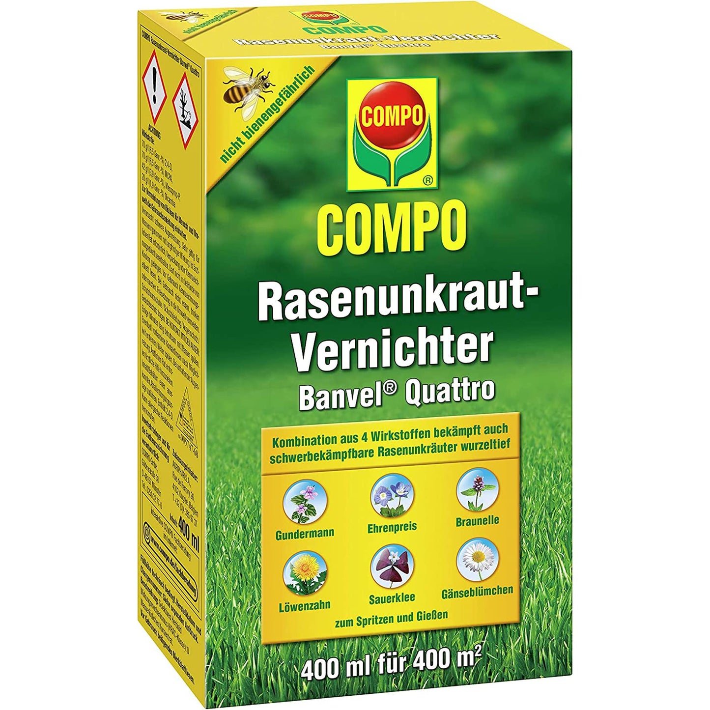 Zāliena nezāļu iznīcinātājs COMPO Banvel Quattro, koncentrāts grūti iznīcināmām nezālēm zālienā, 400 ml (400 m²)