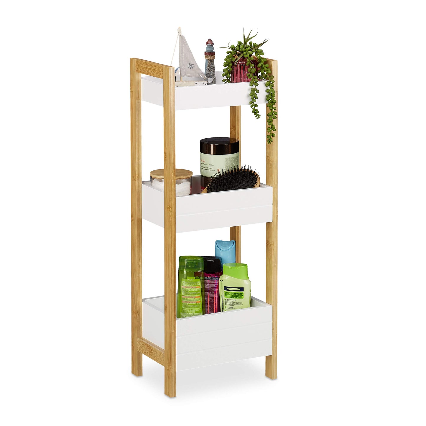 Relaxdays vannas istabas plaukts ar 3 groziem, bambusa un MDF statīvs, HxPxD: 74,5 x 28 x 20 cm, brīvi stāvošs, virtuves plaukts, dabīgs/balts, koksnes materiāls, 1 gab.