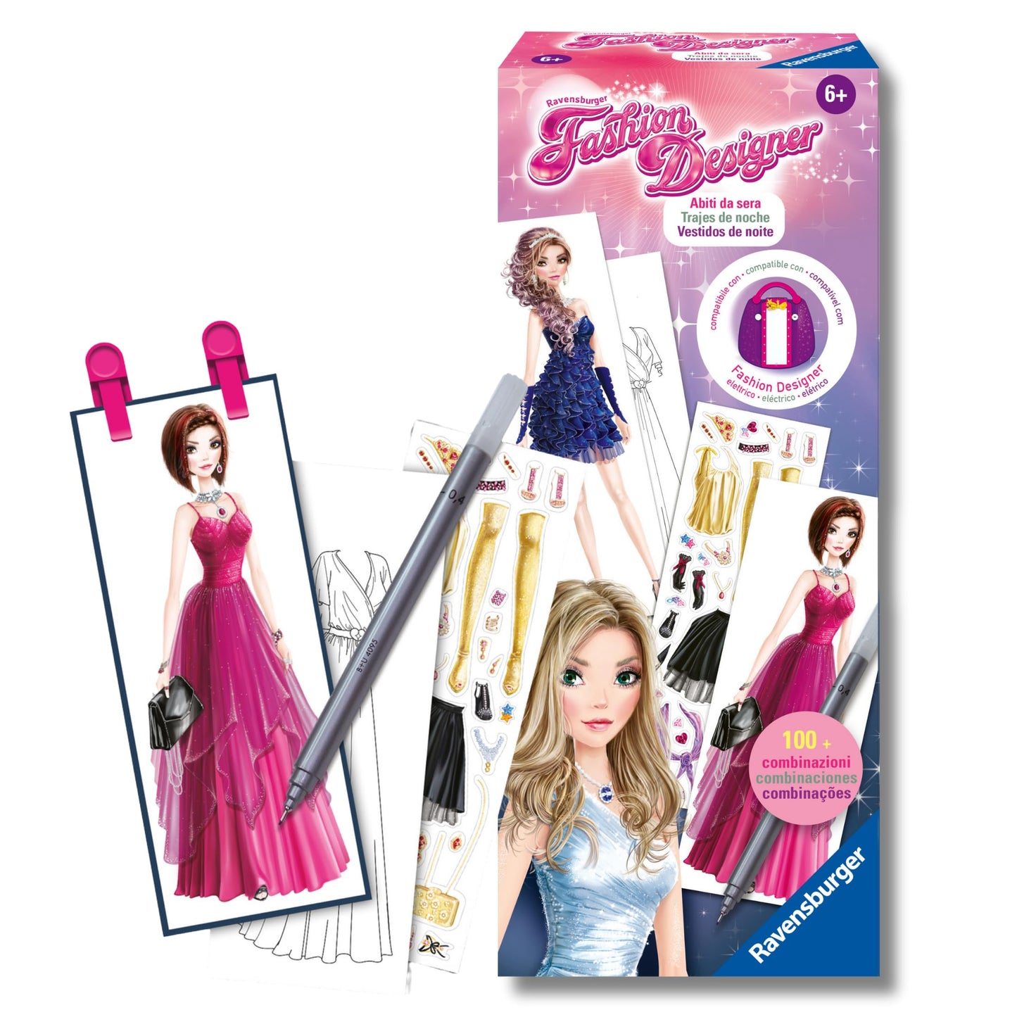 Modes dizaineris Ravensburger Fashion Designer: vakartērpi, spēle bērniem no 6 gadiem, modes komplekti veidošanai un zīmēšanai, aksesuāri, uzlīmes, iekļauts zīmēšanas statīvs
