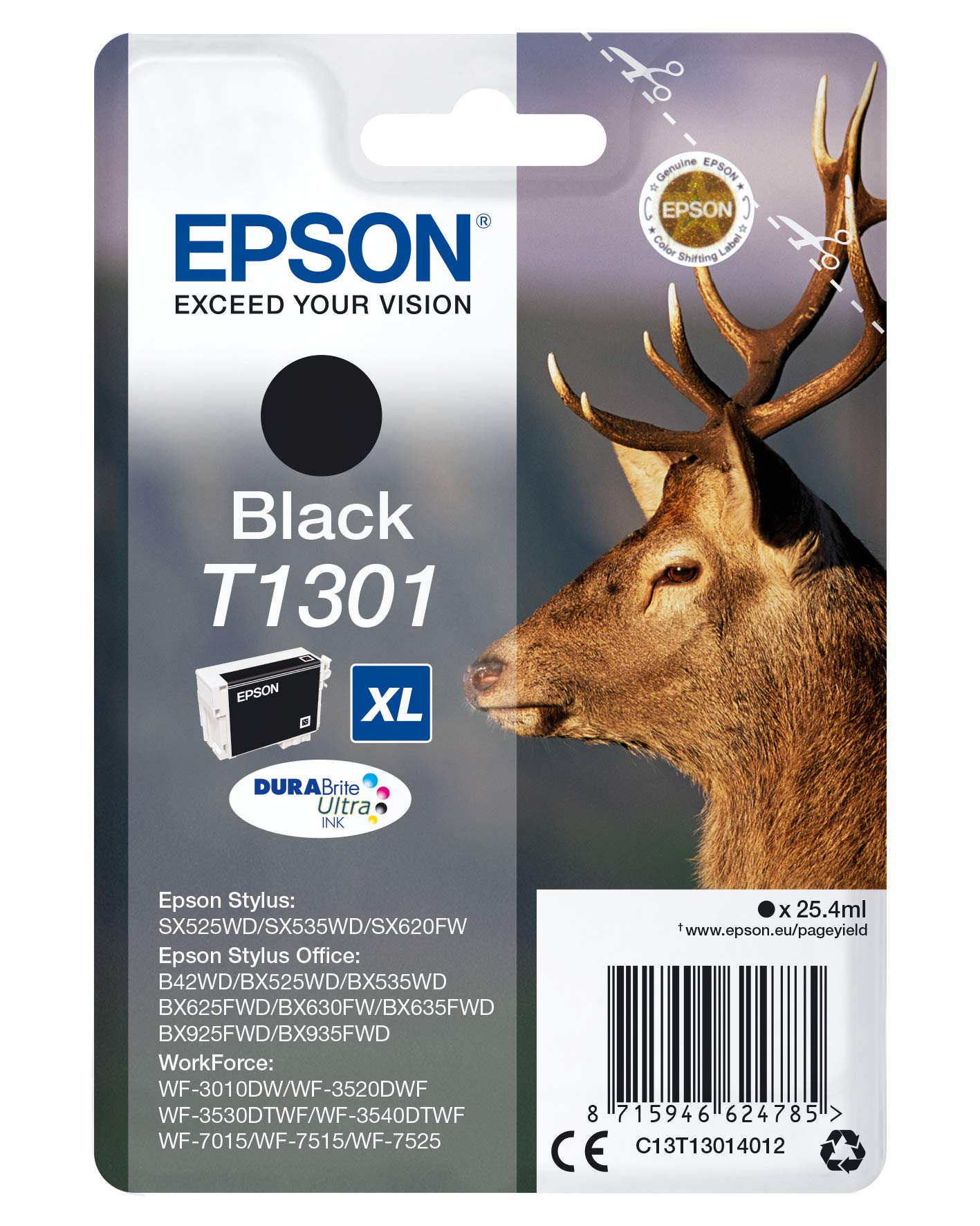 Epson T1301 tinte briedis - melna, saderīga ar SX un WF sērijas printeriem, augsta kvalitāte un izturība.