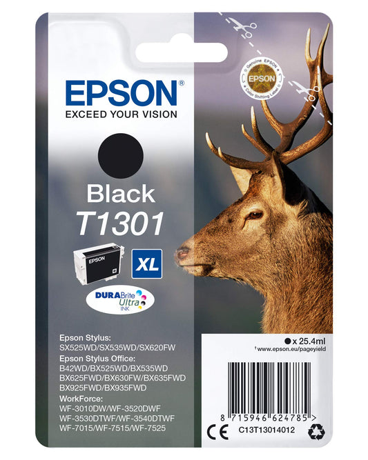 Epson T1301 tinte briedis - melna, saderīga ar SX un WF sērijas printeriem, augsta kvalitāte un izturība.