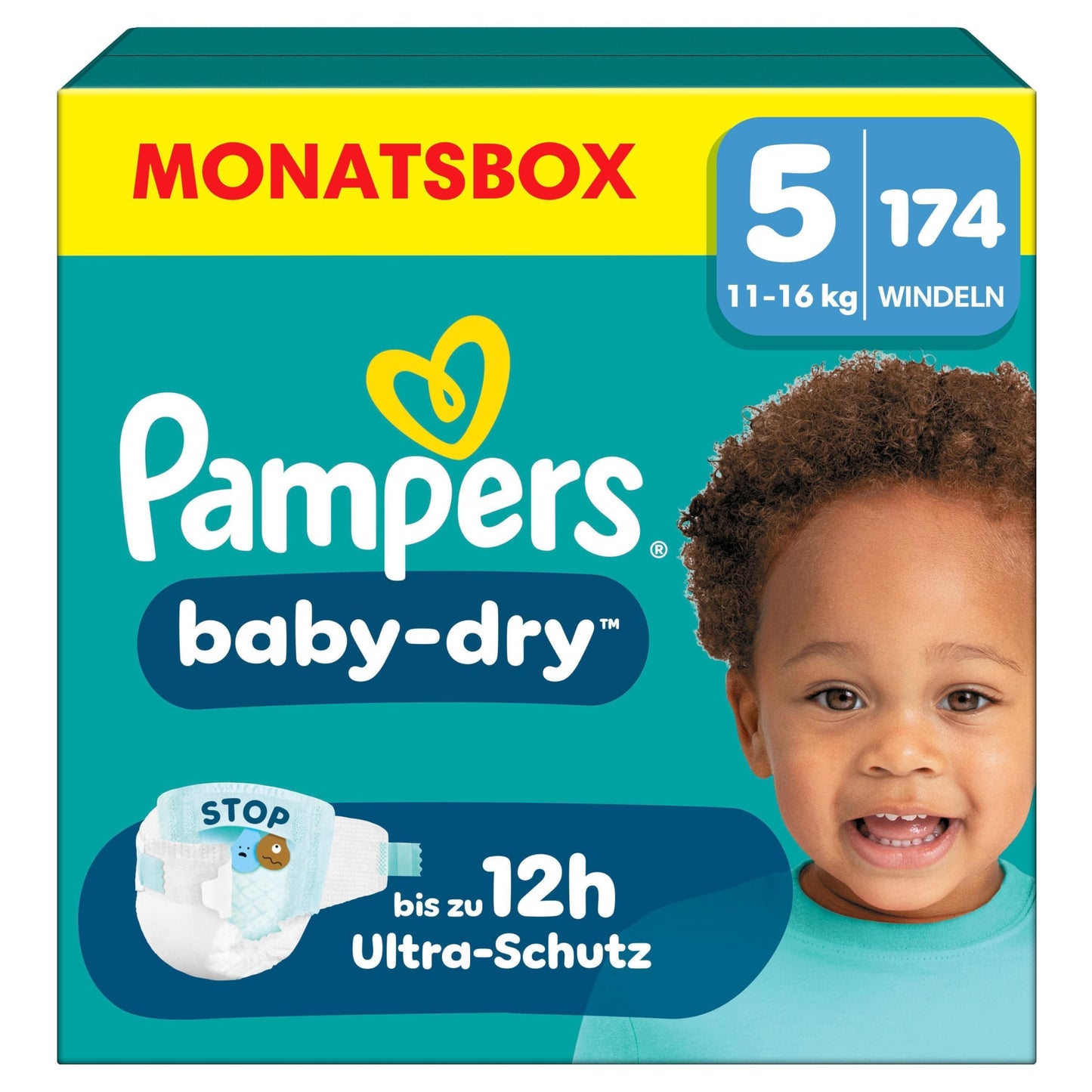 Pampers Baby-Dry autiņbiksītes 5. izmērs, 174 gab., 11kg-16kg, līdz 100% aizsardzība pret noplūdēm un komforts visu nakti